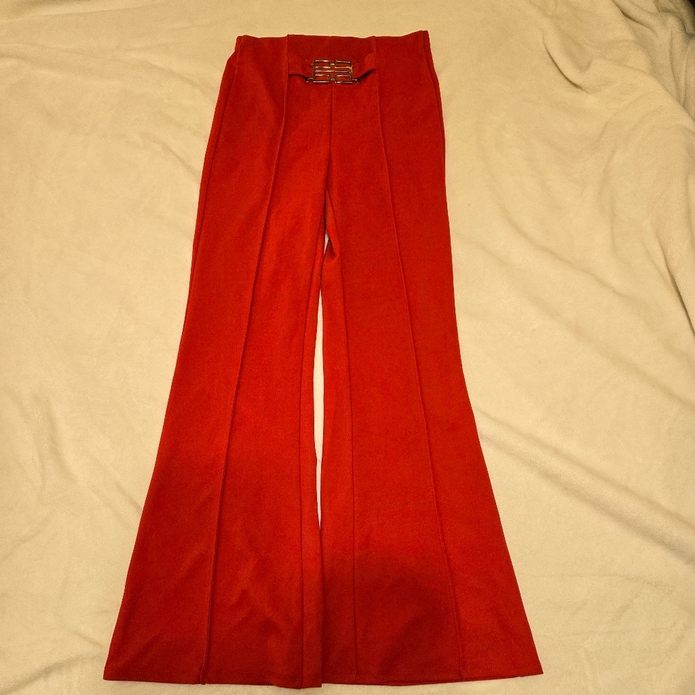 Bright Red High Waisted Work Pants with Gold Hardware A'gaci  NWT
